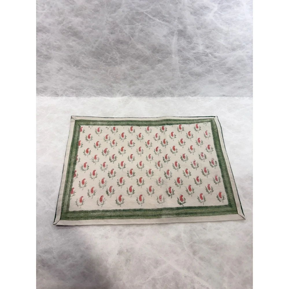 Vintage Set of‎ 6 Hand Block Print Placemats Green Red Paisley Cotton 18x12